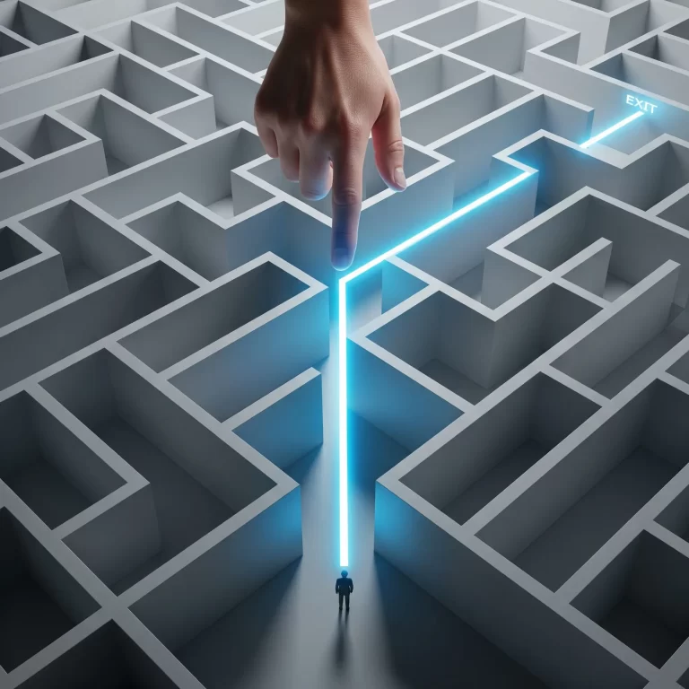 Una mano guiando a una persona fuera de un laberinto, simbolizando cómo la consultoría y una perspectiva externa resuelven problemas complejos - por Alejandro IAs